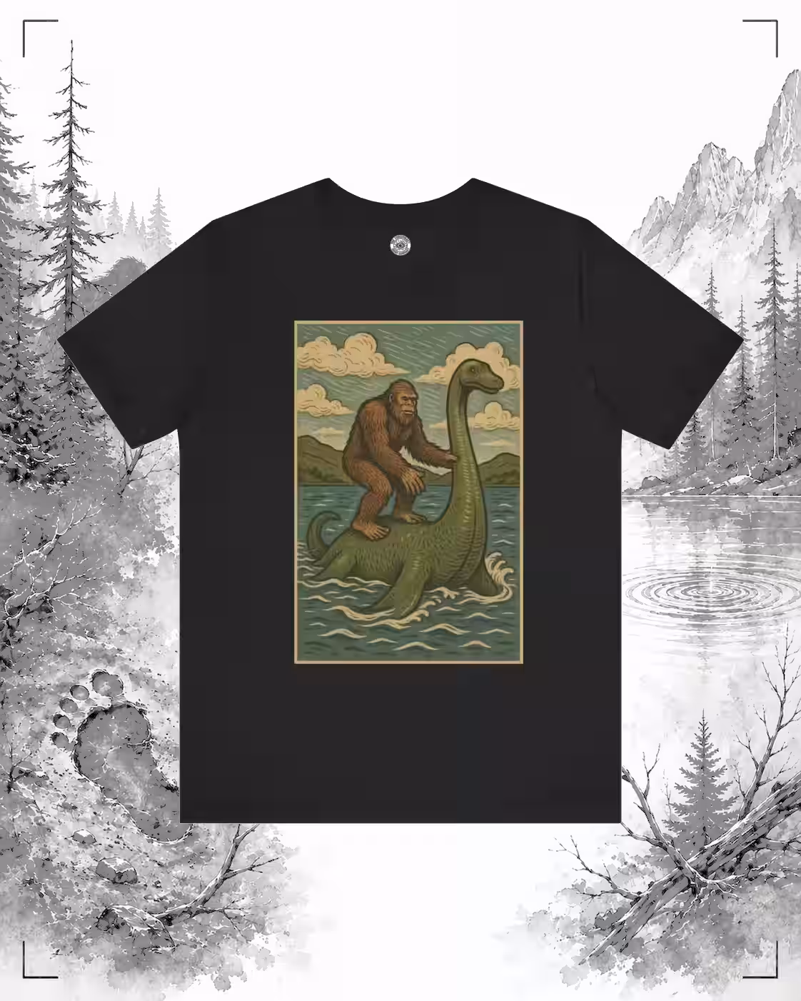 Bigfoot Rides the Loch Ness Monster – Cryptid Crossover T-Shirt 