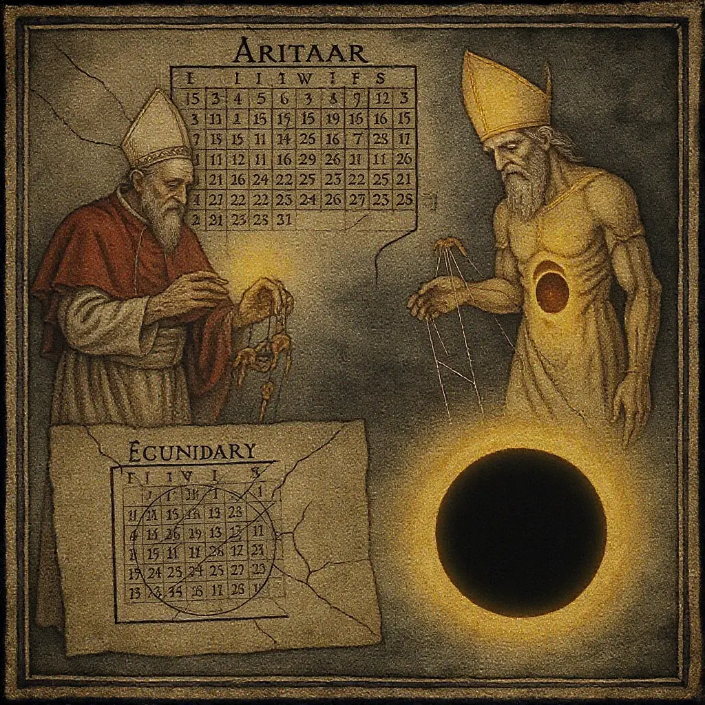 An ominous, surreal illustration in the style of a medieval illuminated manuscript but warped and unsettling: cracked calendars, a pope as a puppet master, Charlemagne rendered as a hollow statue, and eclipses sketched like false diagrams. Colors muted, parchment-like texture, eerie golden glow.