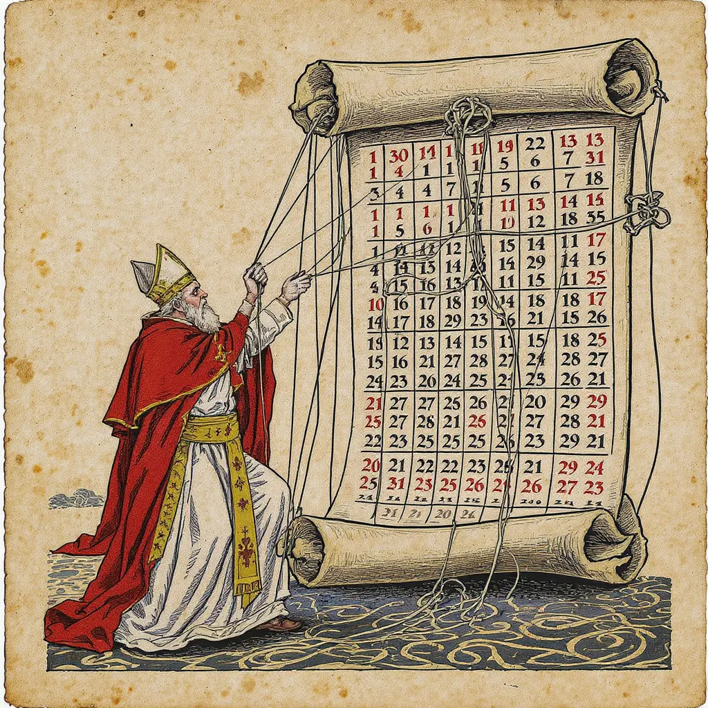 A medieval pope depicted as a puppet master, pulling strings attached to a giant calendar scroll, numbers and dates twisting into knots, parchment texture, unsettling illuminated manuscript style.