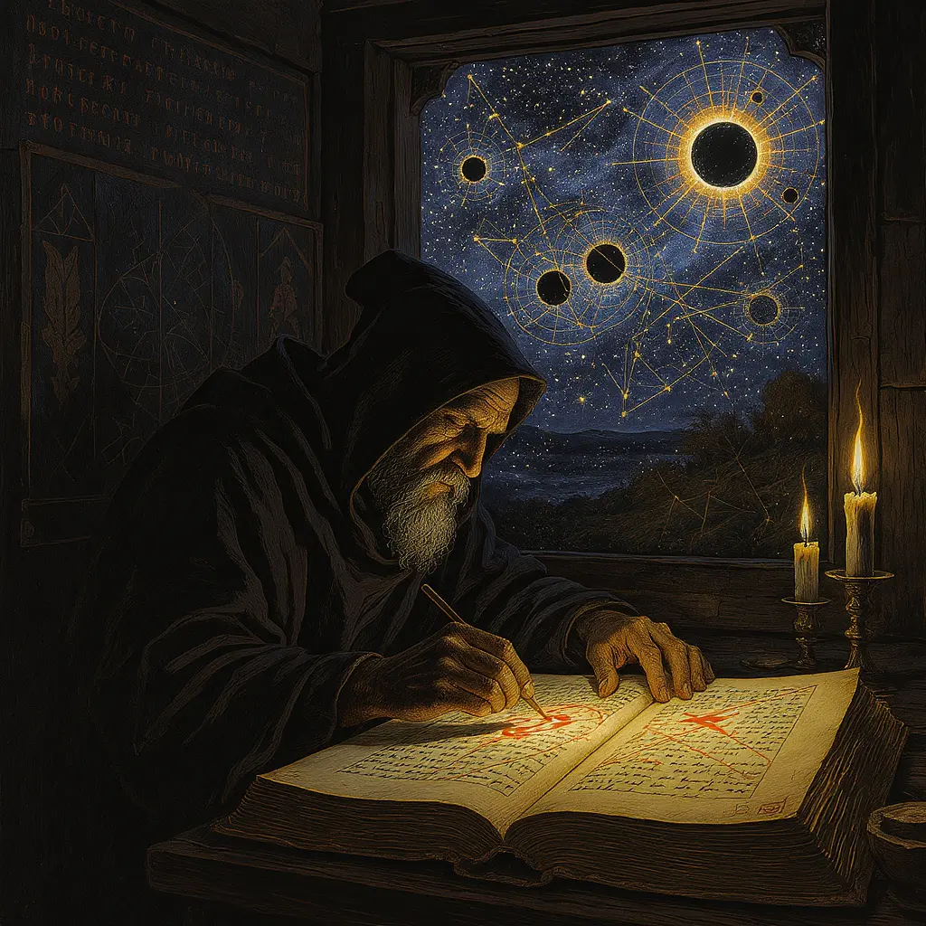 A monk in candlelight inserting false eclipses into a manuscript, the night sky outside the window painted with unnatural constellations, celestial diagrams distorted. Style of medieval manuscript, eerie and conspiratorial.