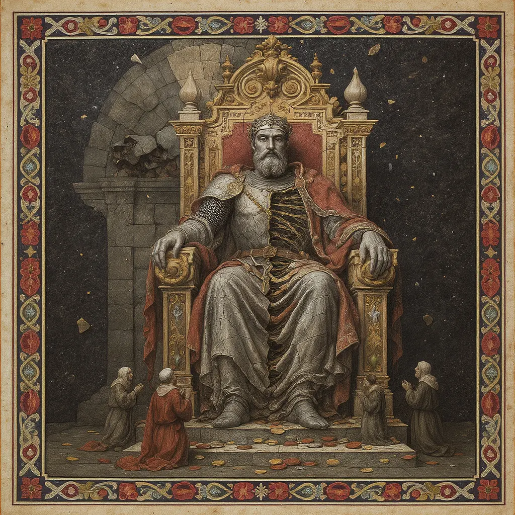 A cracked and hollow statue of Charlemagne sitting on a throne, worshipped by tiny robed scribes, fragments of coins scattered around, manuscript border motifs framing the scene. Surreal medieval style.
