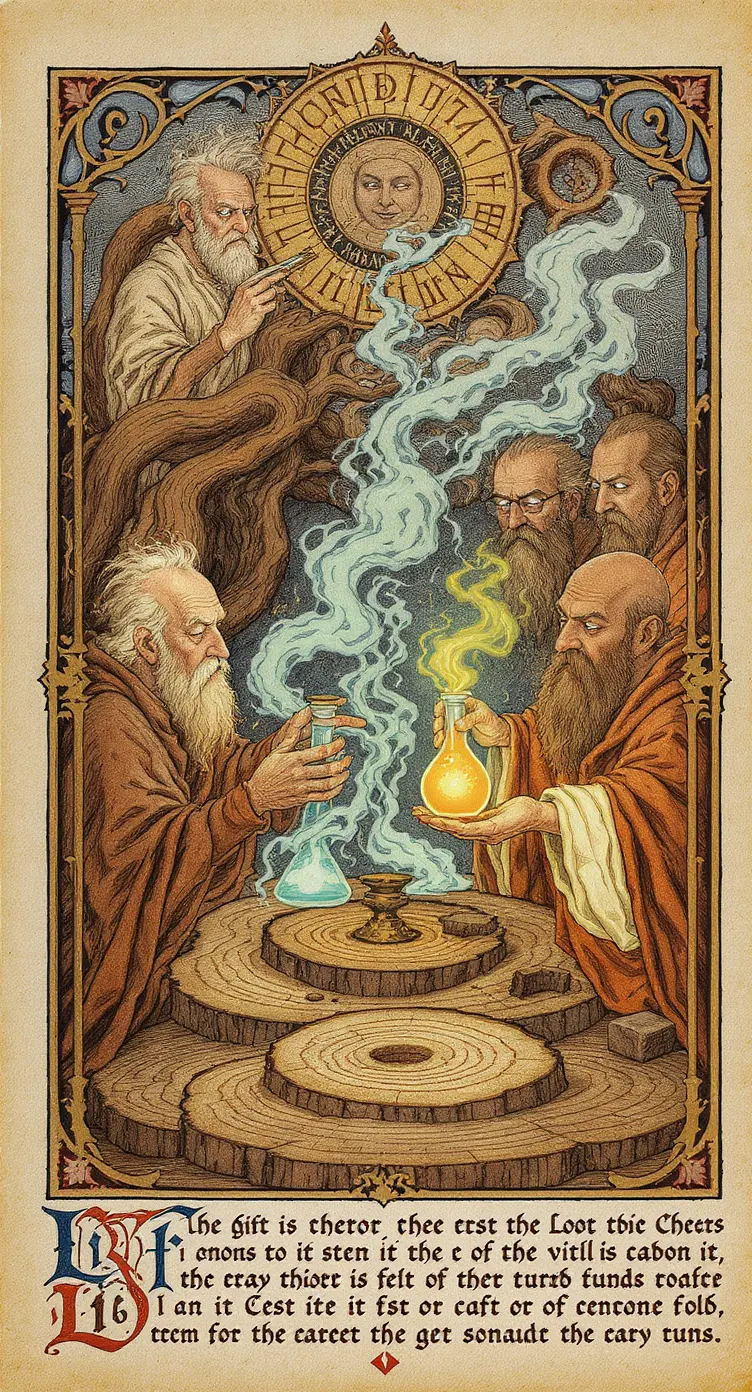 A false laboratory scene illustrated like a medieval manuscript: alchemists measuring tree rings and carbon flasks labeled “Carbon-14,” while a smug figure presents a glowing vial labeled “Carbon-16.” Surreal parchment colors.
