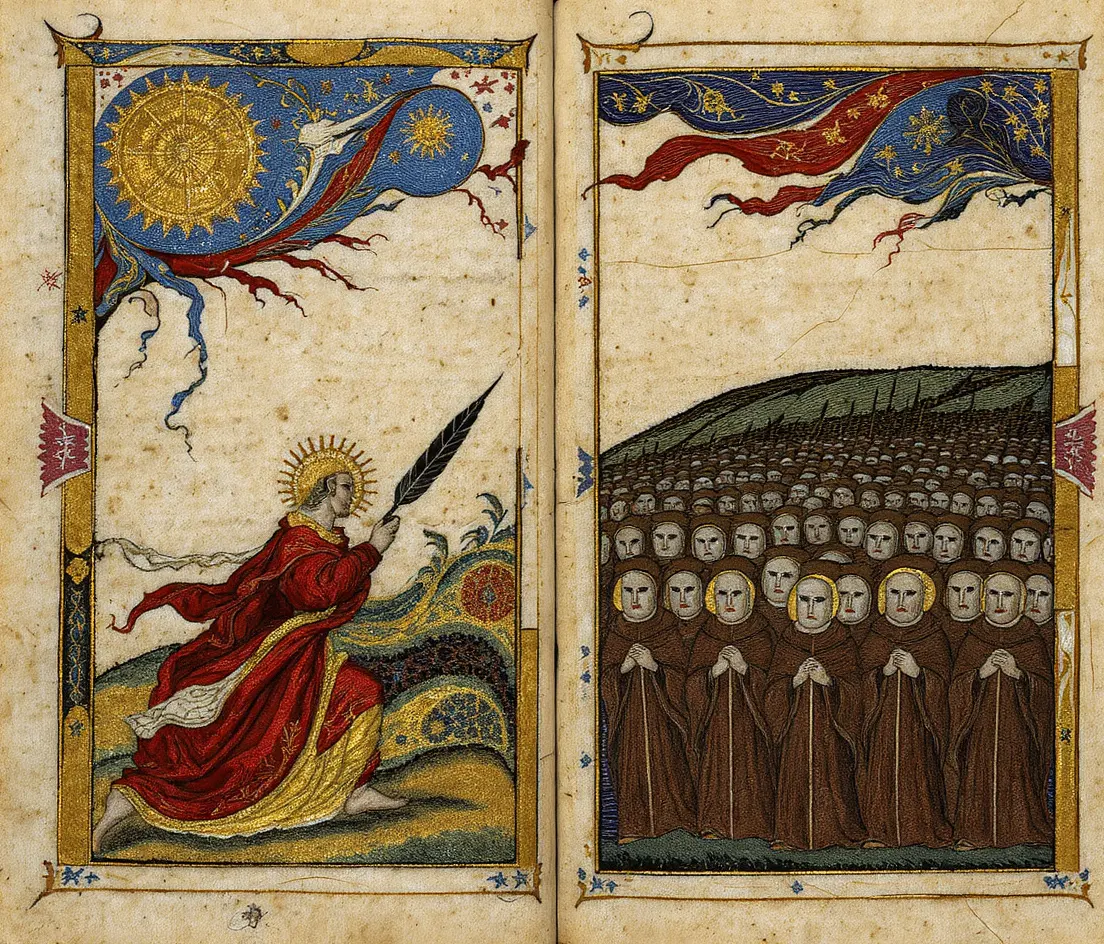 An illuminated manuscript page showing a lone figure holding a quill like a weapon, facing an army of faceless robed scholars with books as shields. Gold-leaf borders, parchment texture, defiant tone.
