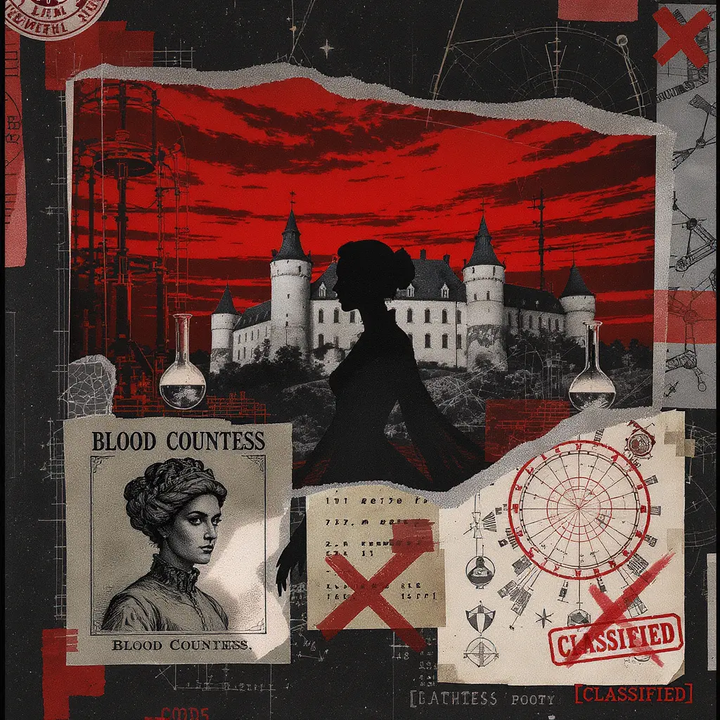 Dossier collage of Elizabeth Báthory: Čachtice Castle, occult lab diagrams, alchemy instruments, propaganda portrait of the Blood Countess.