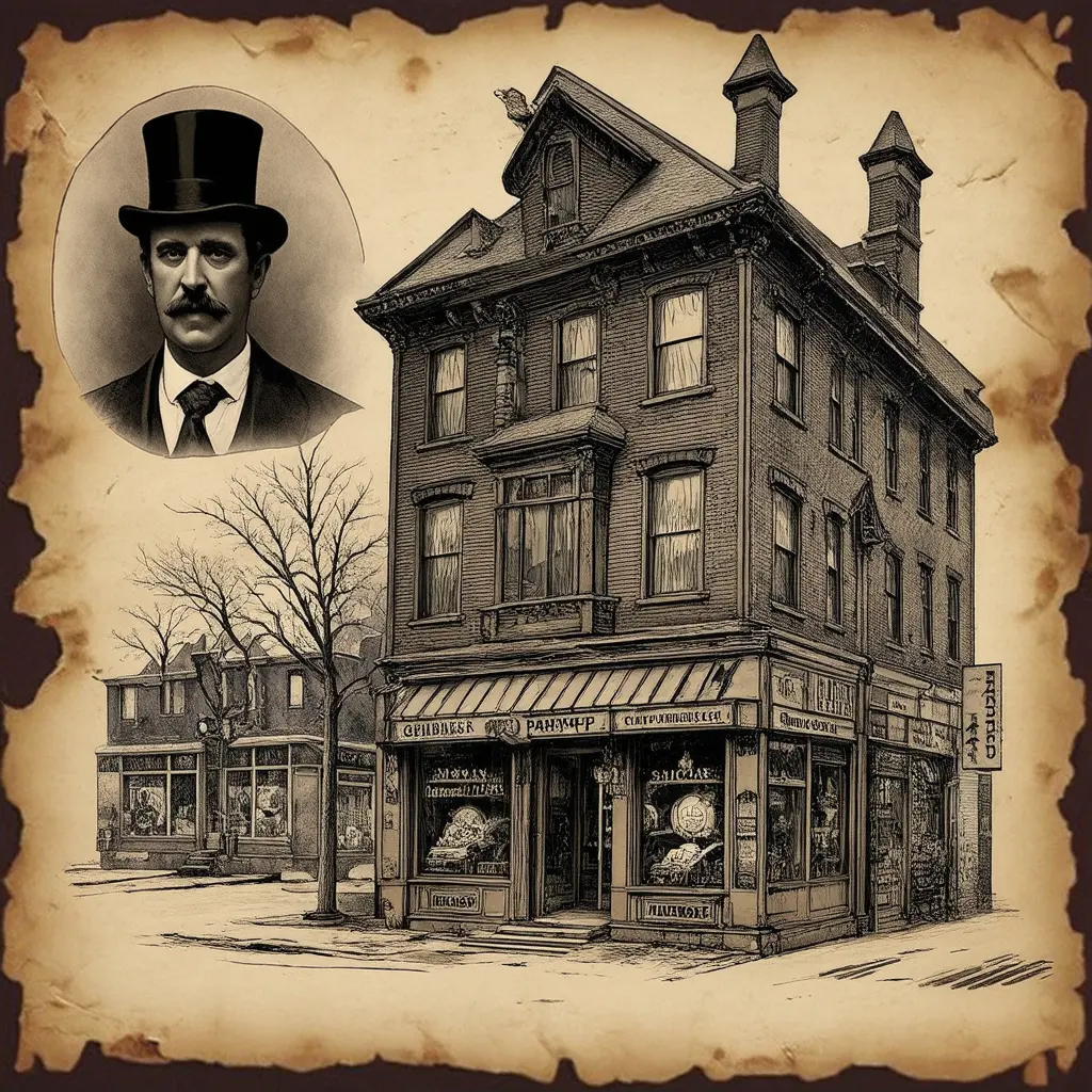 Collage of H.H. Holmes’ Murder Castle legend: Holmes in shadow, Chicago pharmacy, labyrinth cutaway with torture devices, lurid newspaper headlines.
