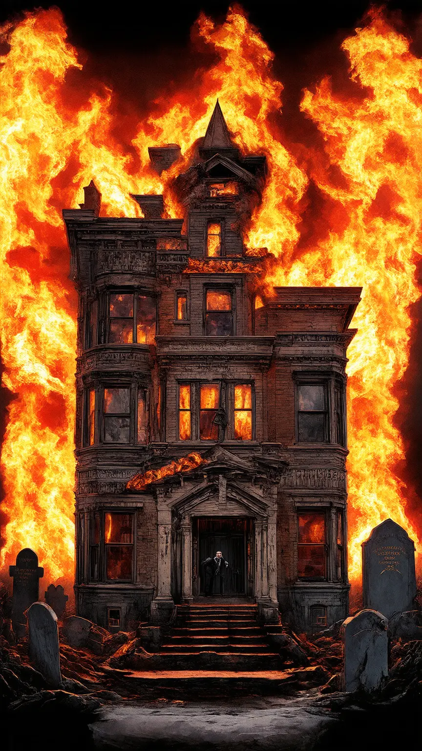 Collage of H.H. Holmes’ capture, Murder Castle burning, and concrete grave, framed as a sanitized cover-up.