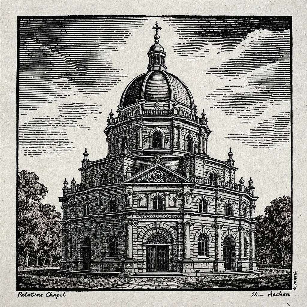 Linocut architectural illustration of the Palatine Chapel in Aachen.