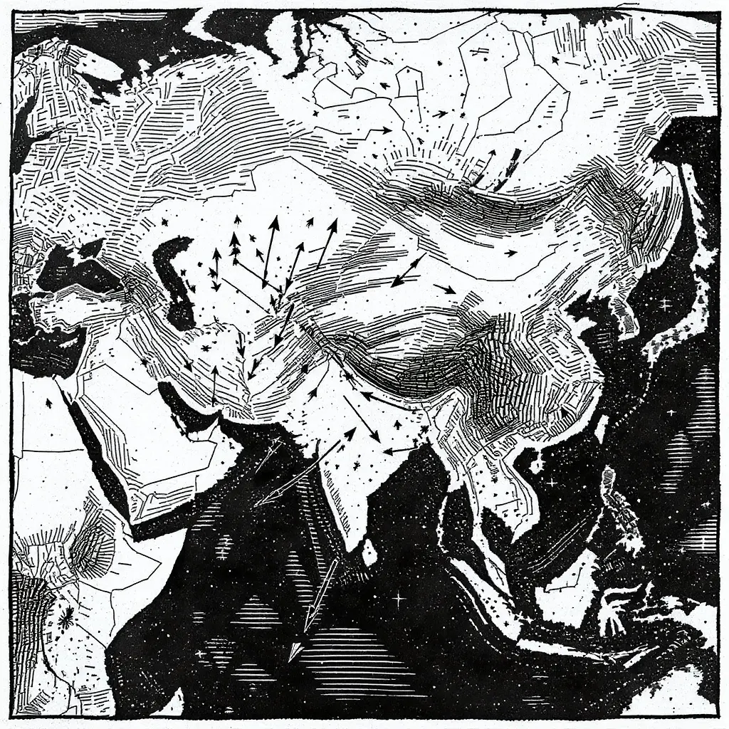 Linocut map tracing papermaking’s spread from China through the Islamic world into Europe.