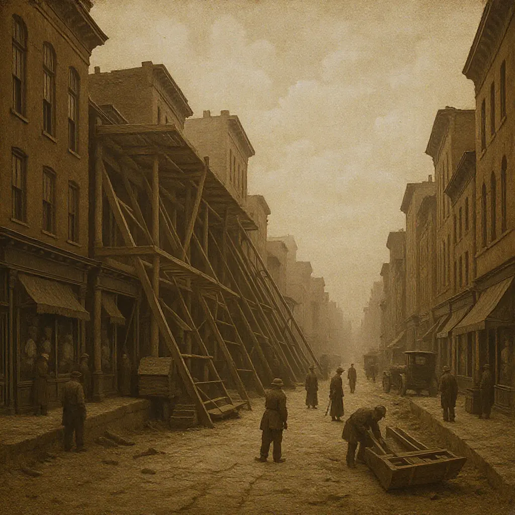 World’s Fair ‘White City’ style building with exposed lath showing temporary construction