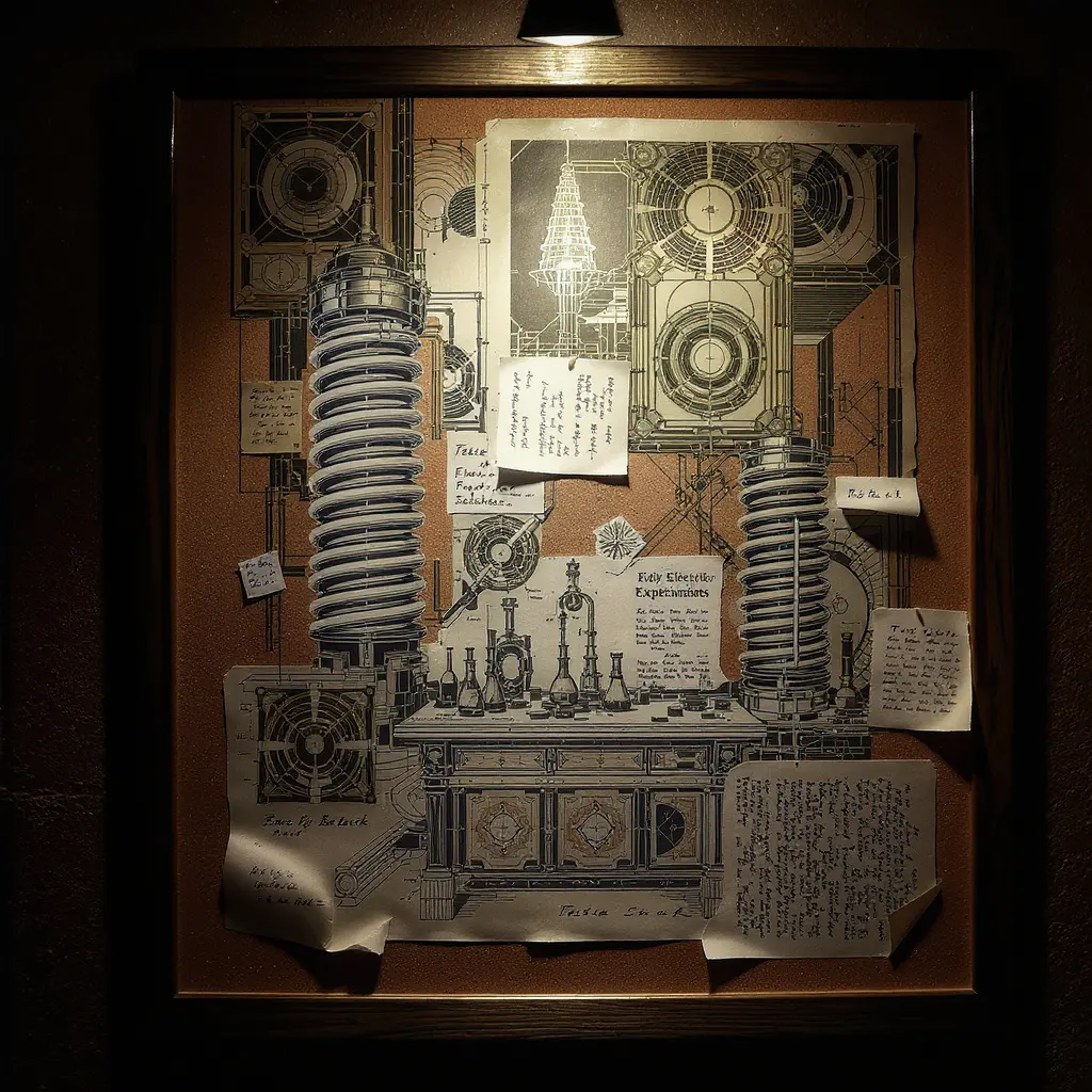 Collage of Tesla coils, 1890s lab benches, and pinned newspaper clippings in moody light