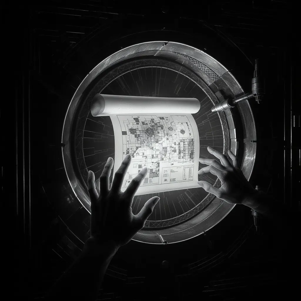 Hands reaching into a steel vault toward a glowing rolled blueprint