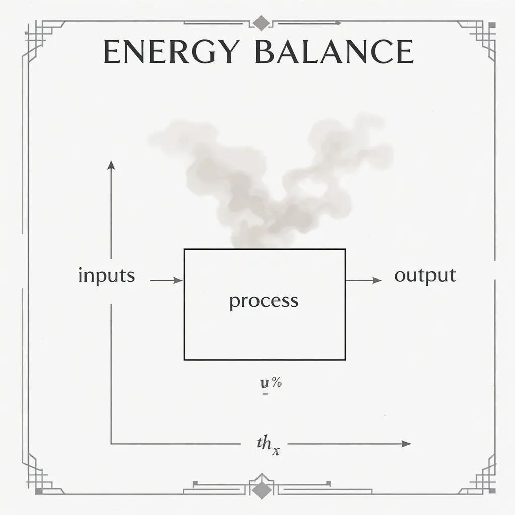 Minimal energy balance diagram showing inputs, process, outputs, and heat losses