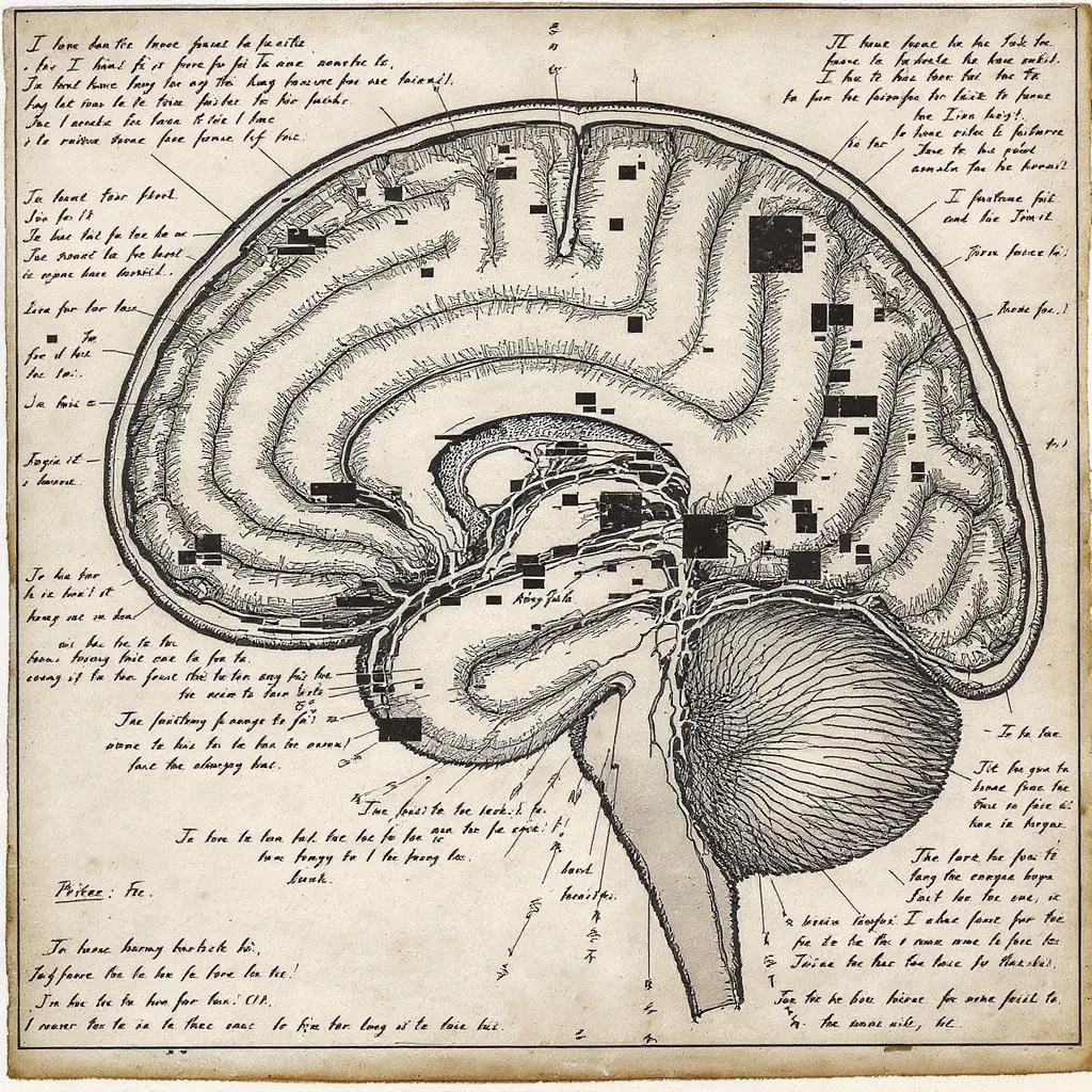 Brain cross-section illustration showing memory centers, neural pathways, with subtle glitch/error symbols