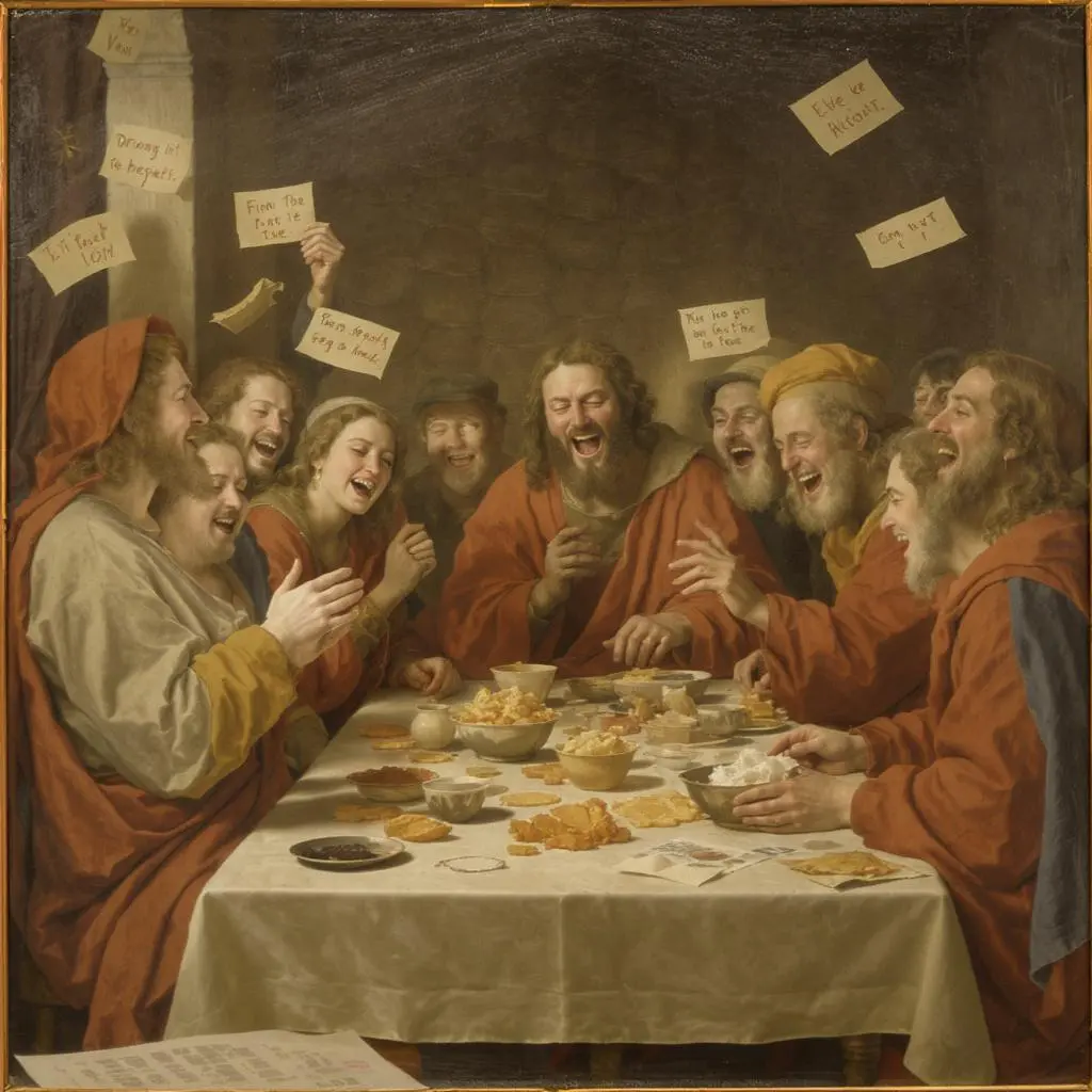  People laughing around a table comparing wrong memories, cozy lighting