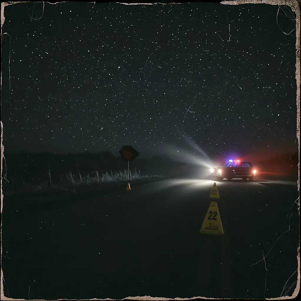 Desolate two-lane road in winter darkness; distant farm fences; frosty breath; a parked 1950s/60s sedan under starlight; evidence markers and .22 shell casings glinting in flashlight cones; vintage police cruiser silhouette; grainy film still; no people shown; somber.