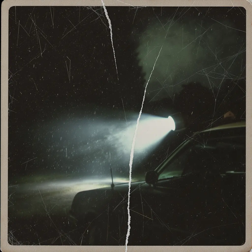 Fourth-of-July weekend night; lovers’ lane turnout; interior of a small car blasted by a harsh white flashlight beam from outside; lens flare; blurred figure holding a large metal flashlight; fireworks glow faint on horizon; 1960s color palette; tense, cinematic.