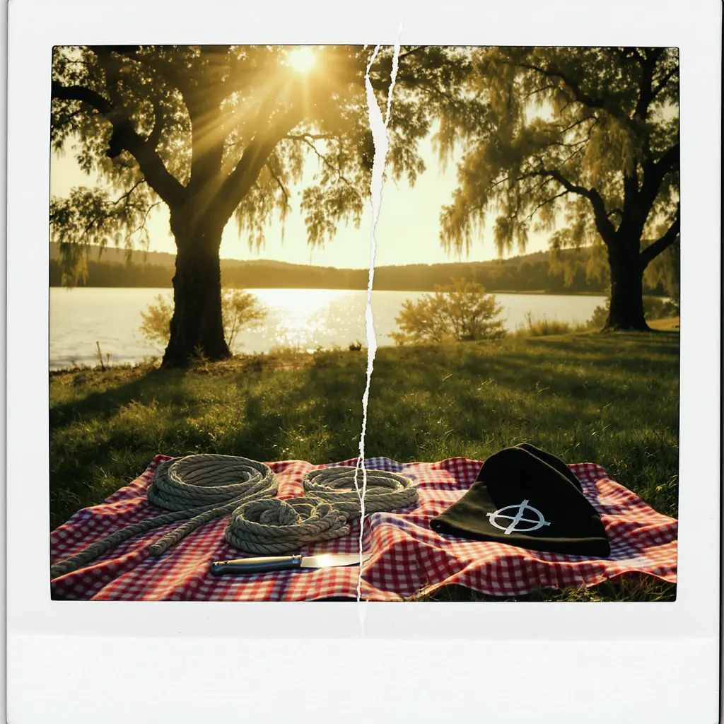 Daylight lakeshore picnic blanket; two neatly coiled lengths of rope and a long hunting knife placed on the ground; a simple black hood with a white crosshair emblem folded nearby; bright California sun; oak trees; no blood; clinical composition.