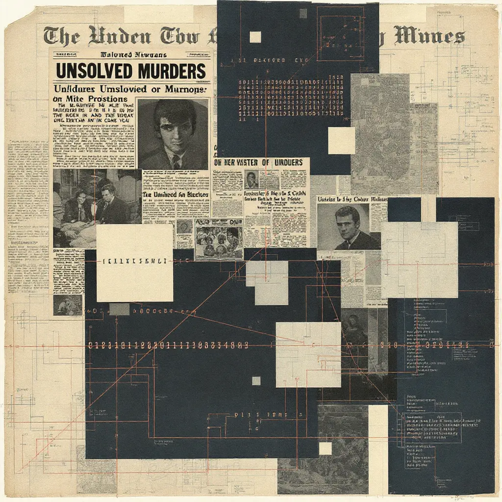 Collage: 1960s newspaper headlines about unsolved murders; cipher blocks overlaid; RAND/SRI-style systems diagrams; red string-map aesthetic but clean and modern; muted blues and off-white paper texture; evokes “research project” not tabloid.